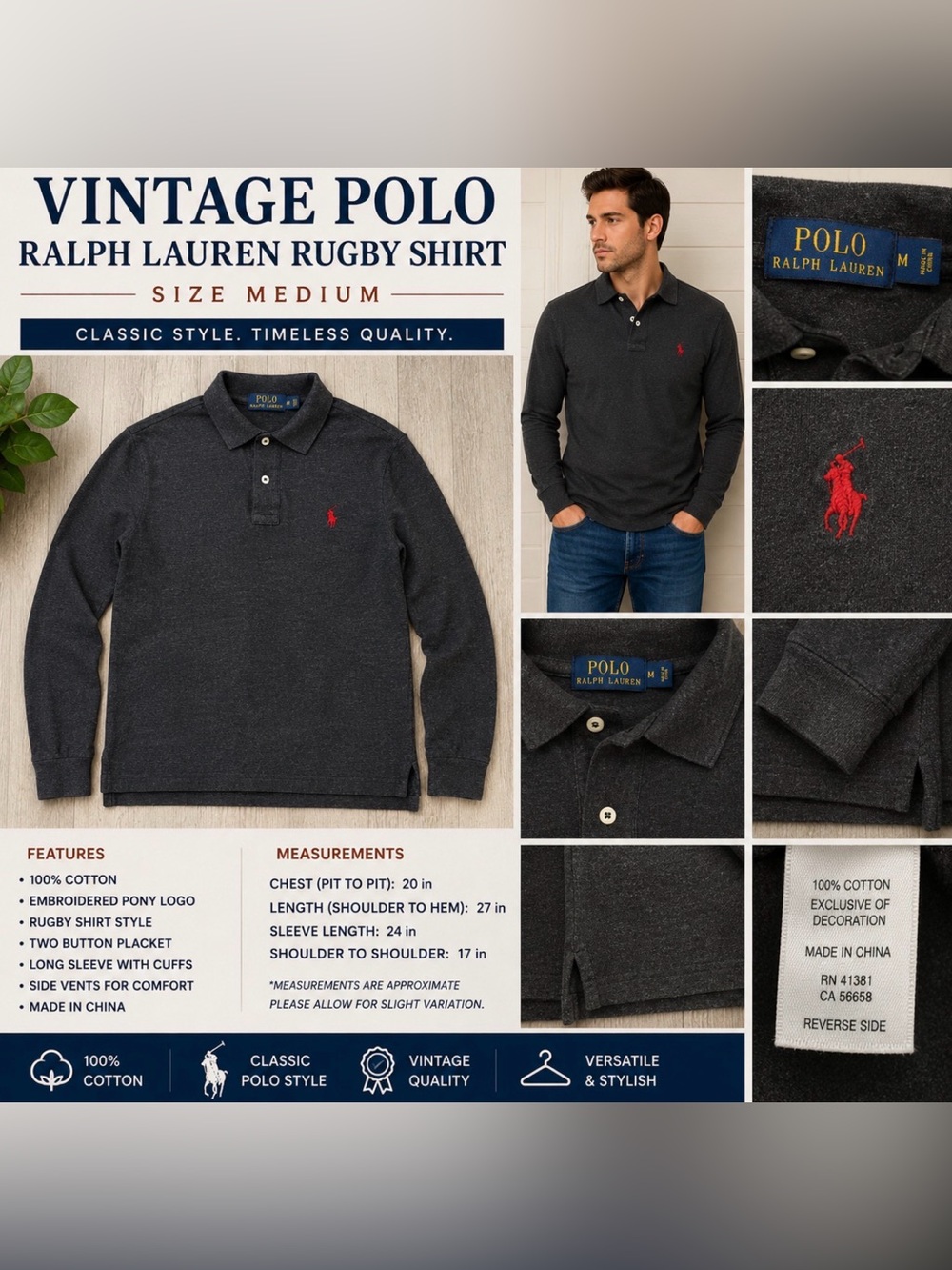 Polo by Ralph Lauren Dark Gray Long-Sleeve Rugby Polo with Red Pony M
